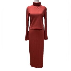 B.O.G. Collective Ascella Ribbed Knit Turtleneck Shirt & Skirt Rust Red L